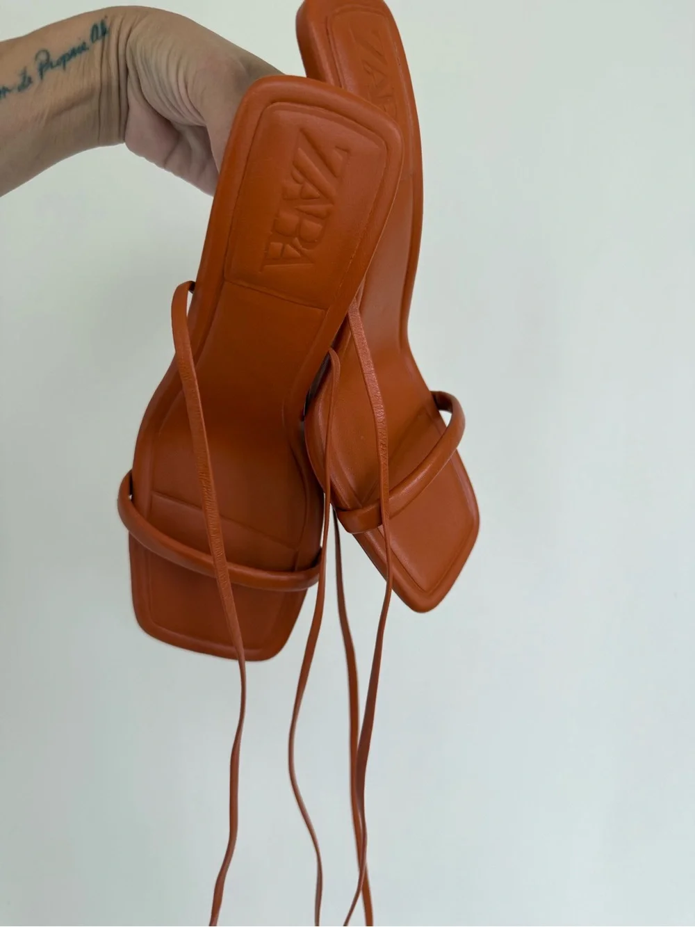 Zara Orange Strappy Lace-Up Goat Leather Heels Sandals Square Toe 38